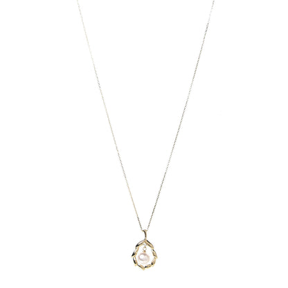 Mikimoto 18K Yellow Gold Diamond Akoya Pearl 7mm Leaf Pendant Necklace 1 of 6