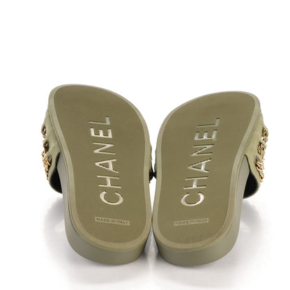 Chanel Lambskin Canvas Chain Flat Sandals 37 Khaki 5 of 8