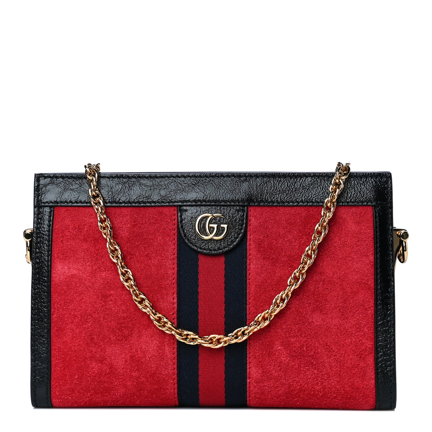 Suede Patent Web Small Ophidia Chain Shoulder Bag Hibiscus Red Black