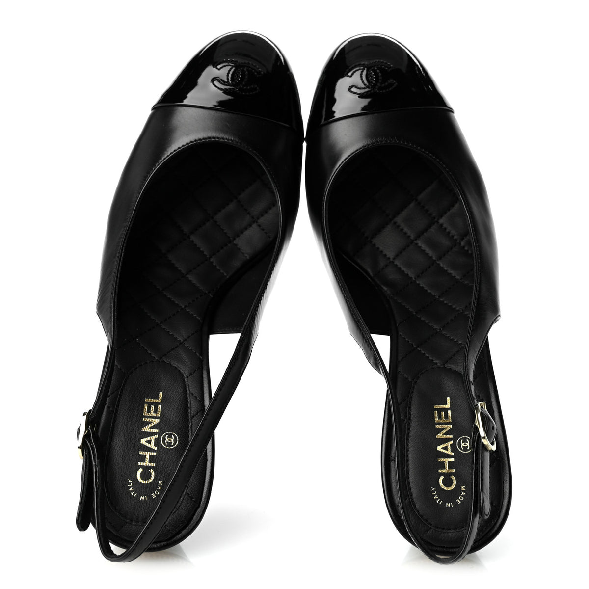 Lambskin Patent Calfskin Embellished Cap Toe CC Slingback Pumps 38 Black