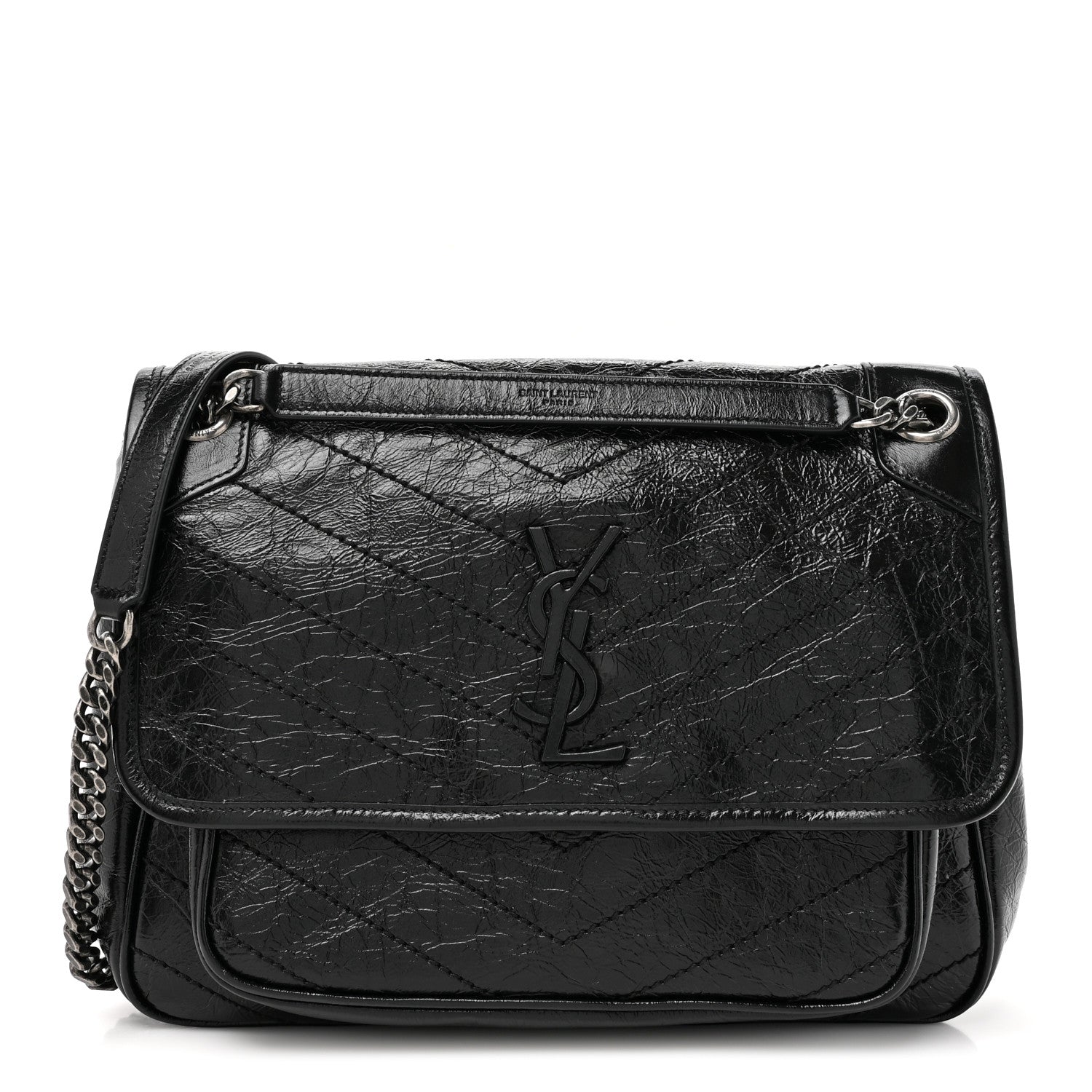 Saint Laurent Crinkled Calfskin Matelasse Monogram Medium Niki Chain Satchel Black 1 of 10