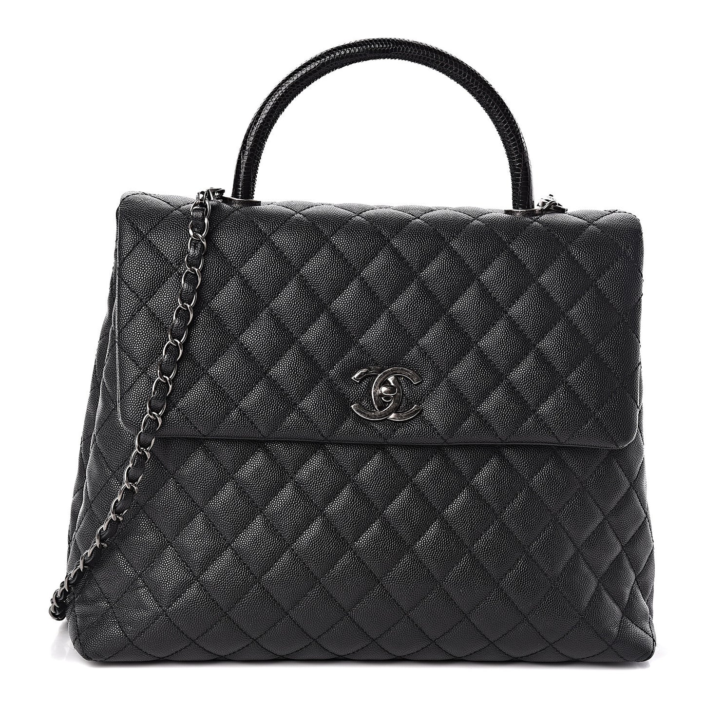 Caviar Lizard Quilted Large Coco Handle Flap Black
