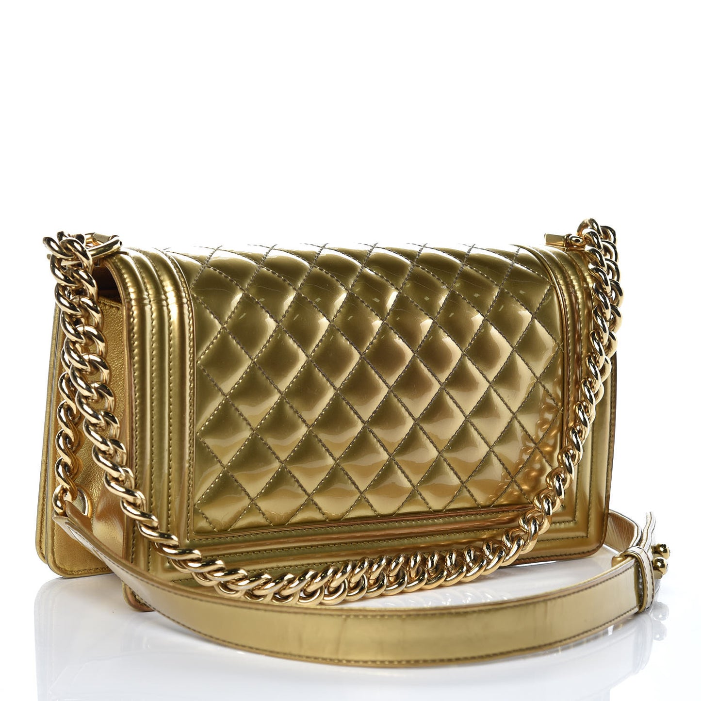 Metallic Patent Calfskin Quilted Medium Boy Flap Gold