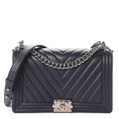Chanel Calfskin Chevron Quilted New Medium Boy Flap Dark Navy Blue 1 of 8