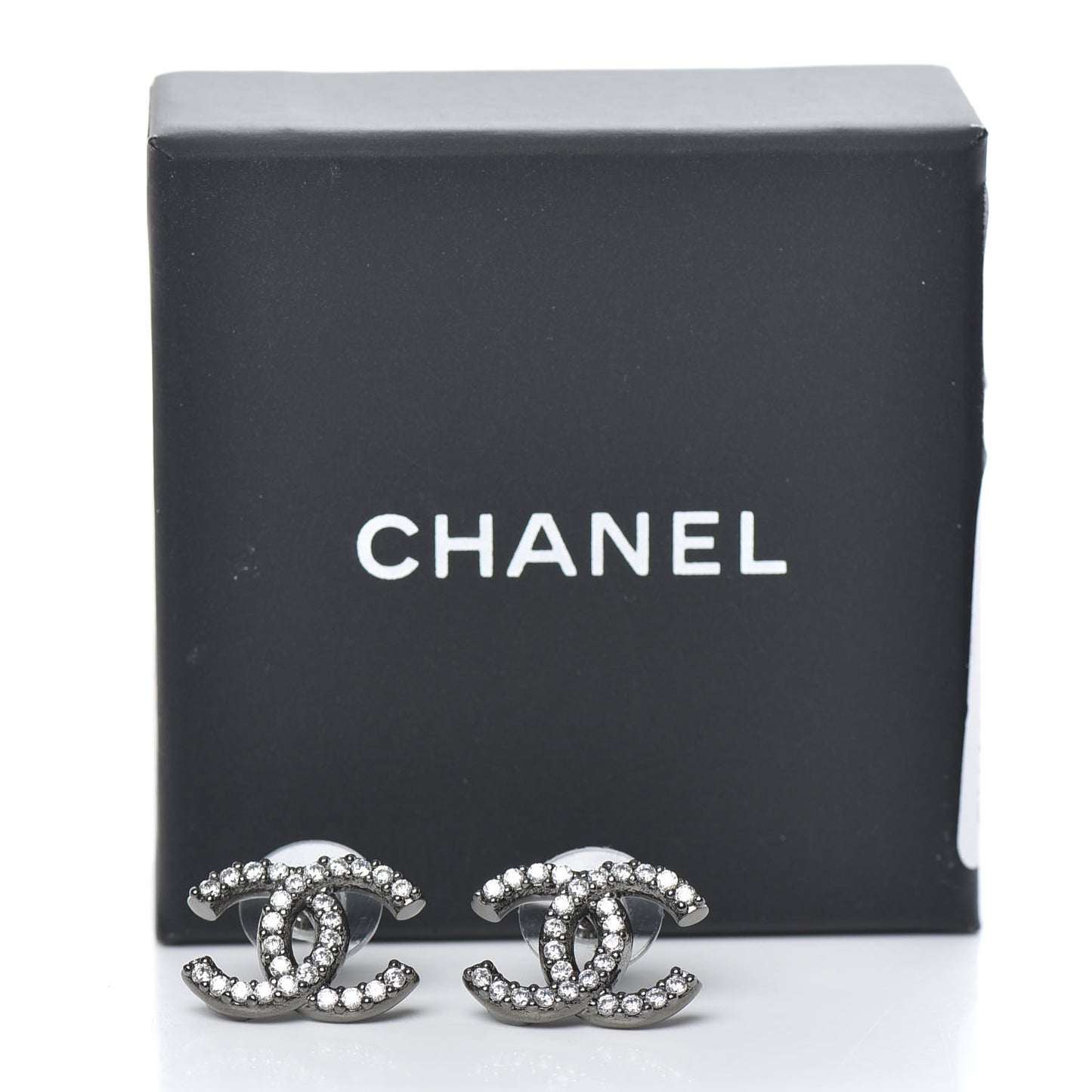 Metal Crystal CC Lock Symbols Stud Earrings Ruthenium
