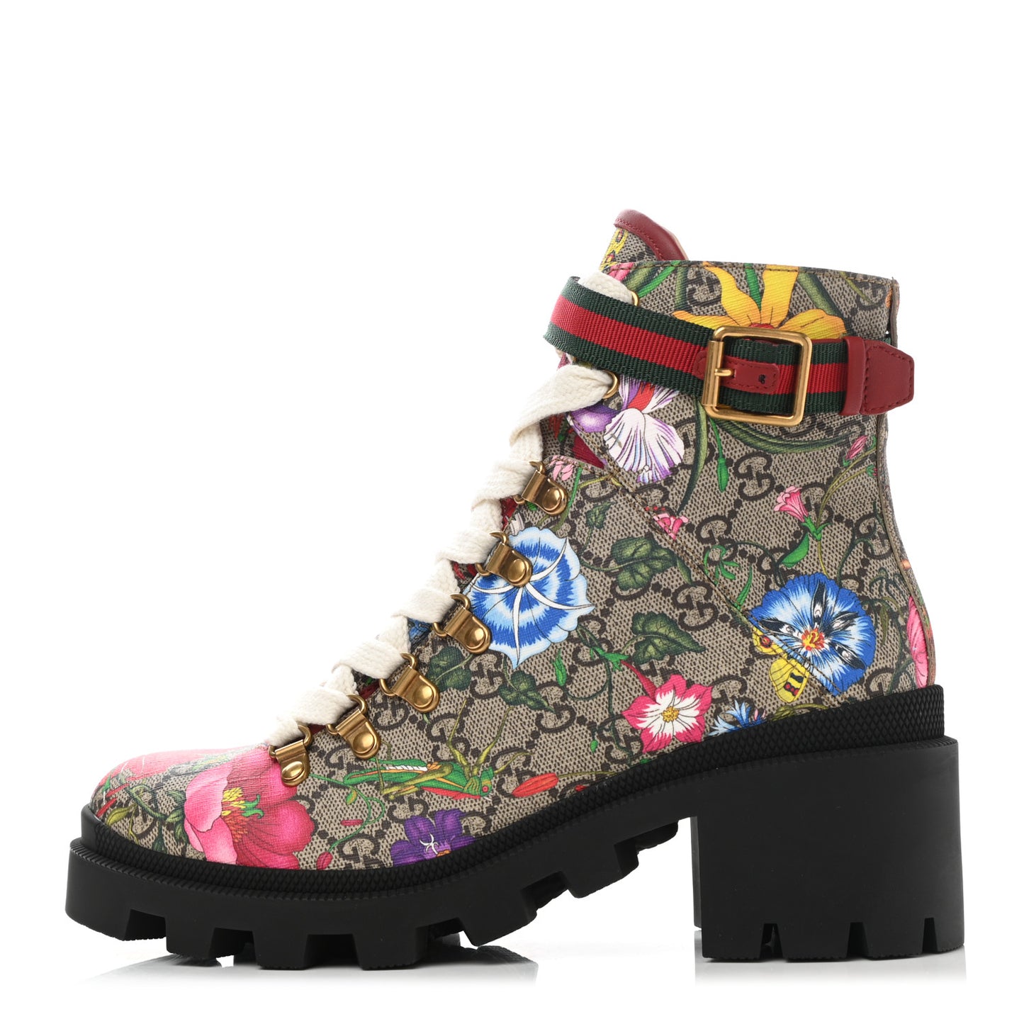 GG Supreme Monogram Flora Lace Up Combat Ankle Boots 38.5 Beige Multicolor Red