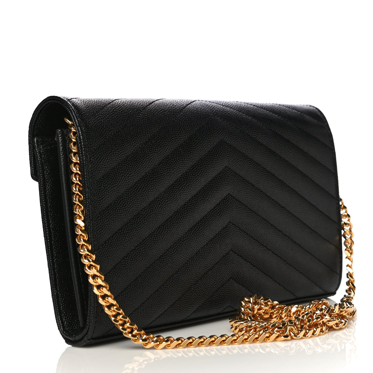 Saint Laurent Grain De Poudre Matelasse Chevron Medium Monogram Chain Wallet Black 3 of 9