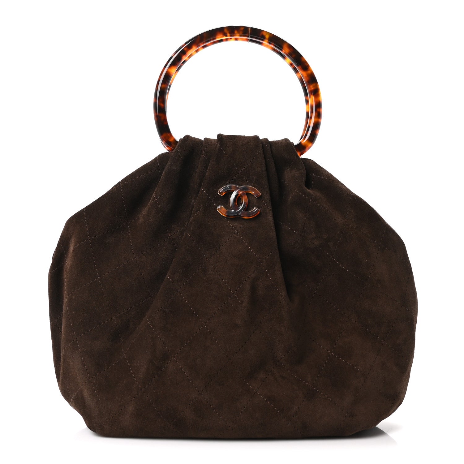 Chanel Suede Calfskin Plexiglass Tortoise Shell Quilted Pouch Dark Brown 1 of 11