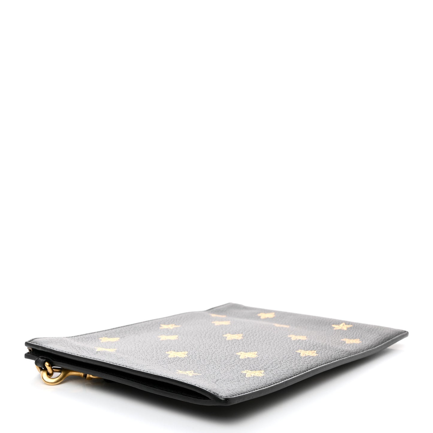 Dollar Calfskin Boar Effect Bee Star Zip Wristlet Pouch Black