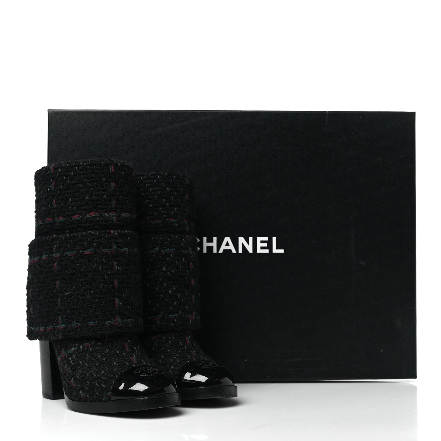 Tweed Patent CC Cap Toe Fold Over Boots 37 Black