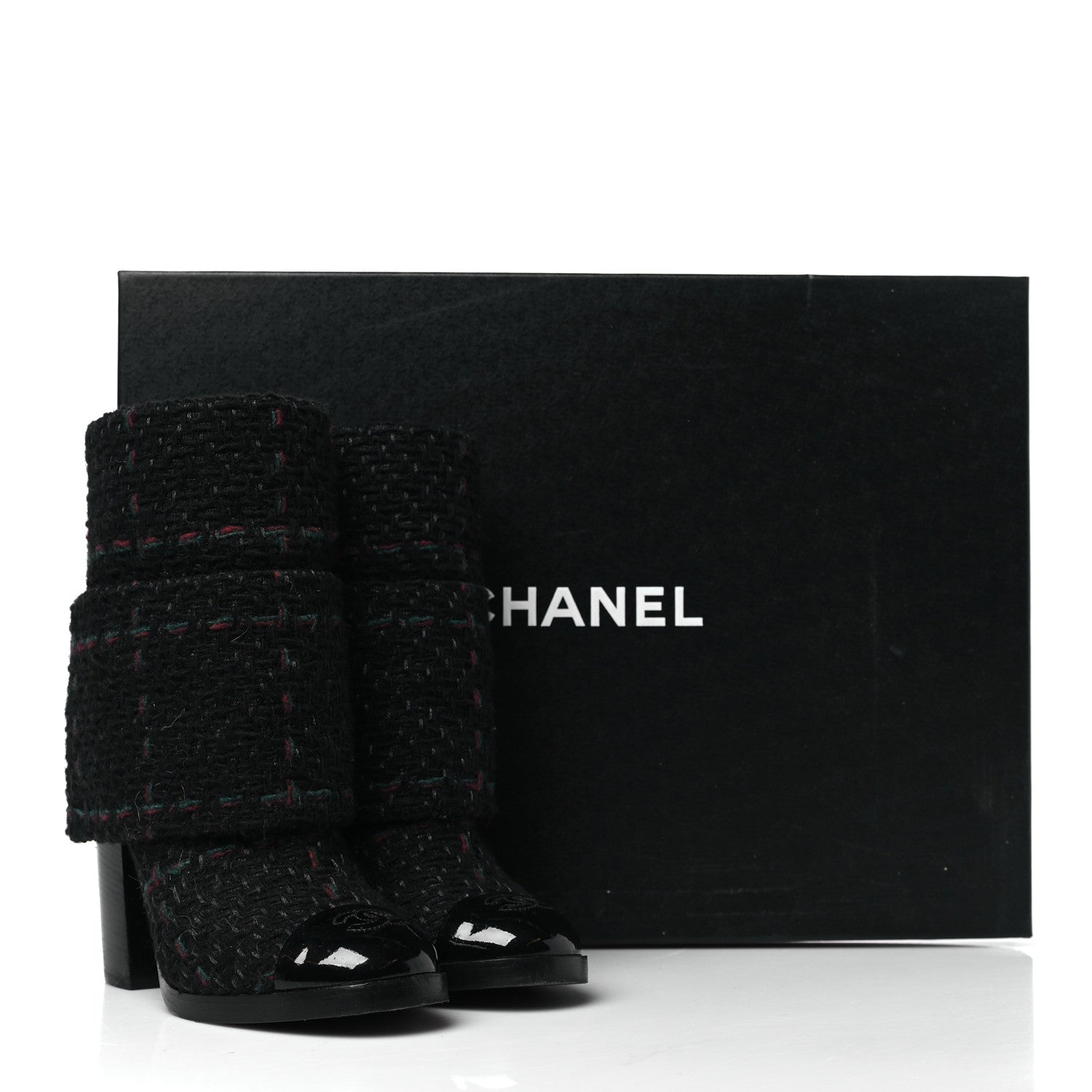 Chanel Tweed Patent CC Cap Toe Fold Over Boots 37 Black 10 of 10