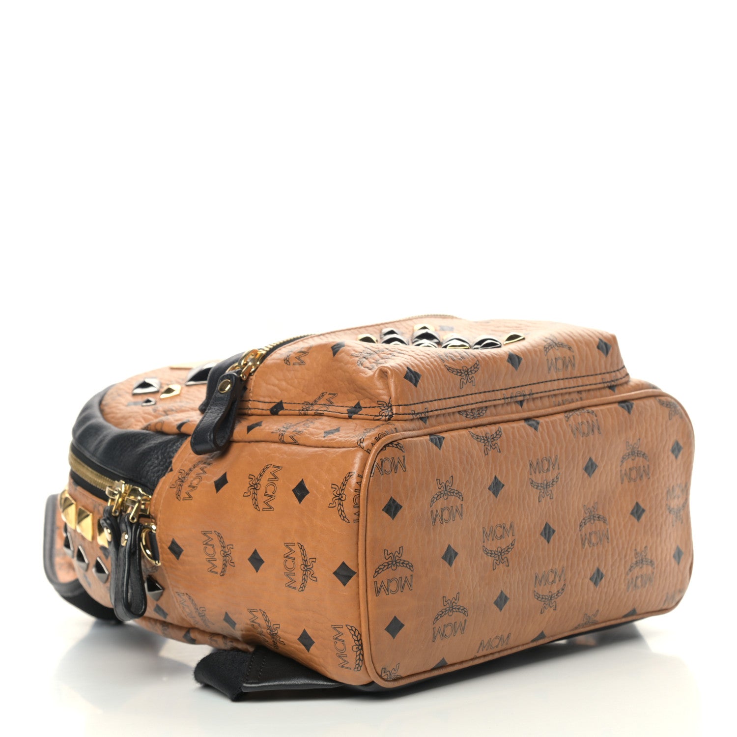 MCM Visetos Studded Colorblock Small Stark Brock Backpack Cognac Black 4 of 13