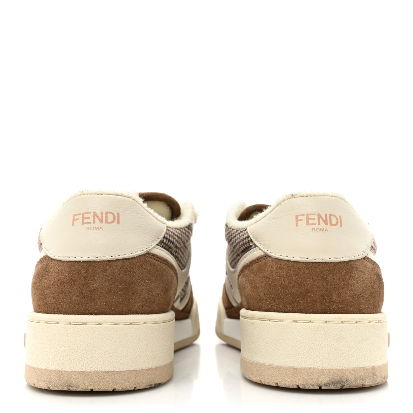Calfskin Suede Houndstooth Fendi Match Low Top Sneakers 37 Cream Brown