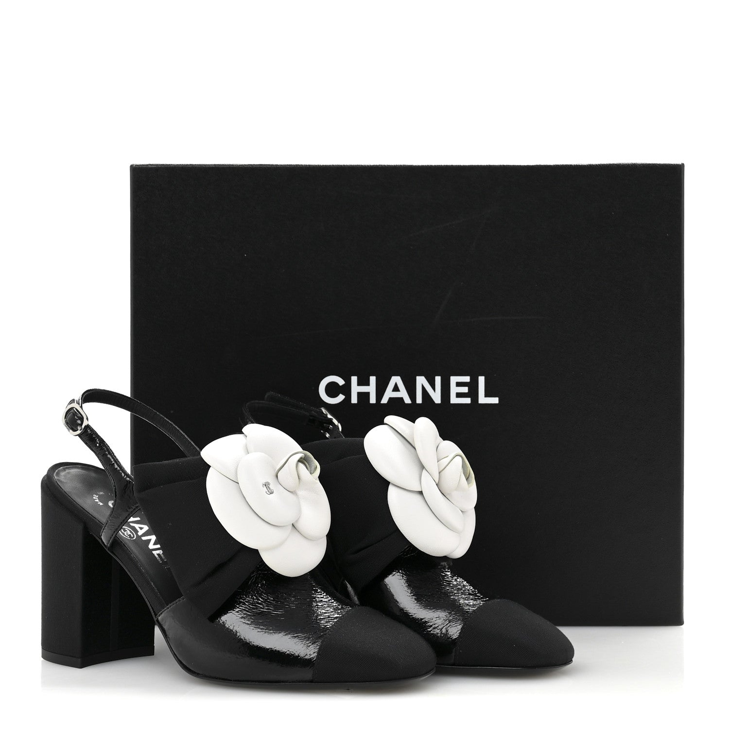 Chanel Crumpled Shiny Fabric Grosgrain Cap Toe Camellia Bow Slingback Pumps 36 Black 11 of 11