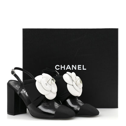 Chanel Crumpled Shiny Fabric Grosgrain Cap Toe Camellia Bow Slingback Pumps 36 Black 11 of 11