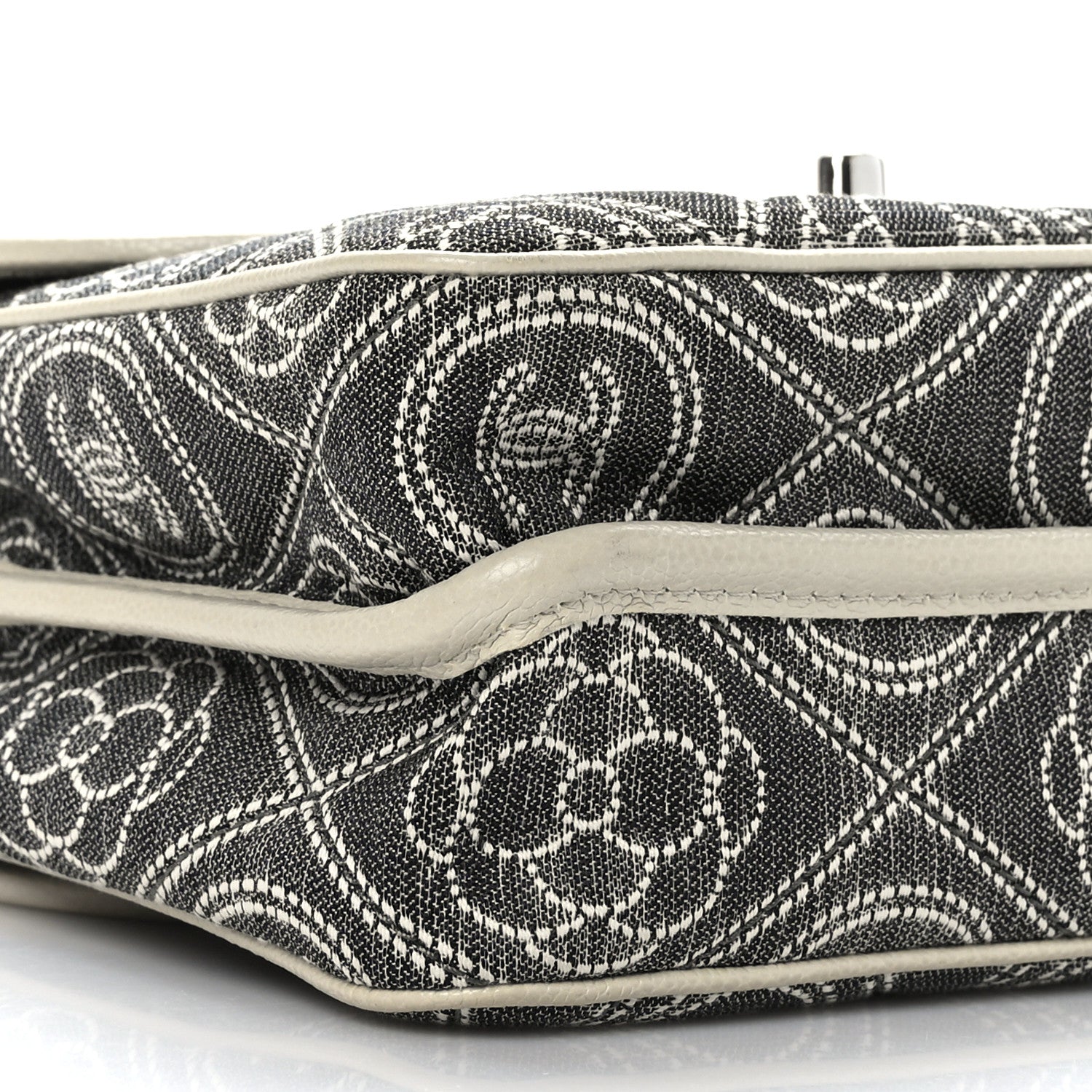 Chanel Fabric Camellia Printed Grained Calfskin Messenger Bag Black White 9 of 10
