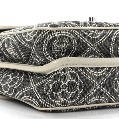 Chanel Fabric Camellia Printed Grained Calfskin Messenger Bag Black White 9 of 10