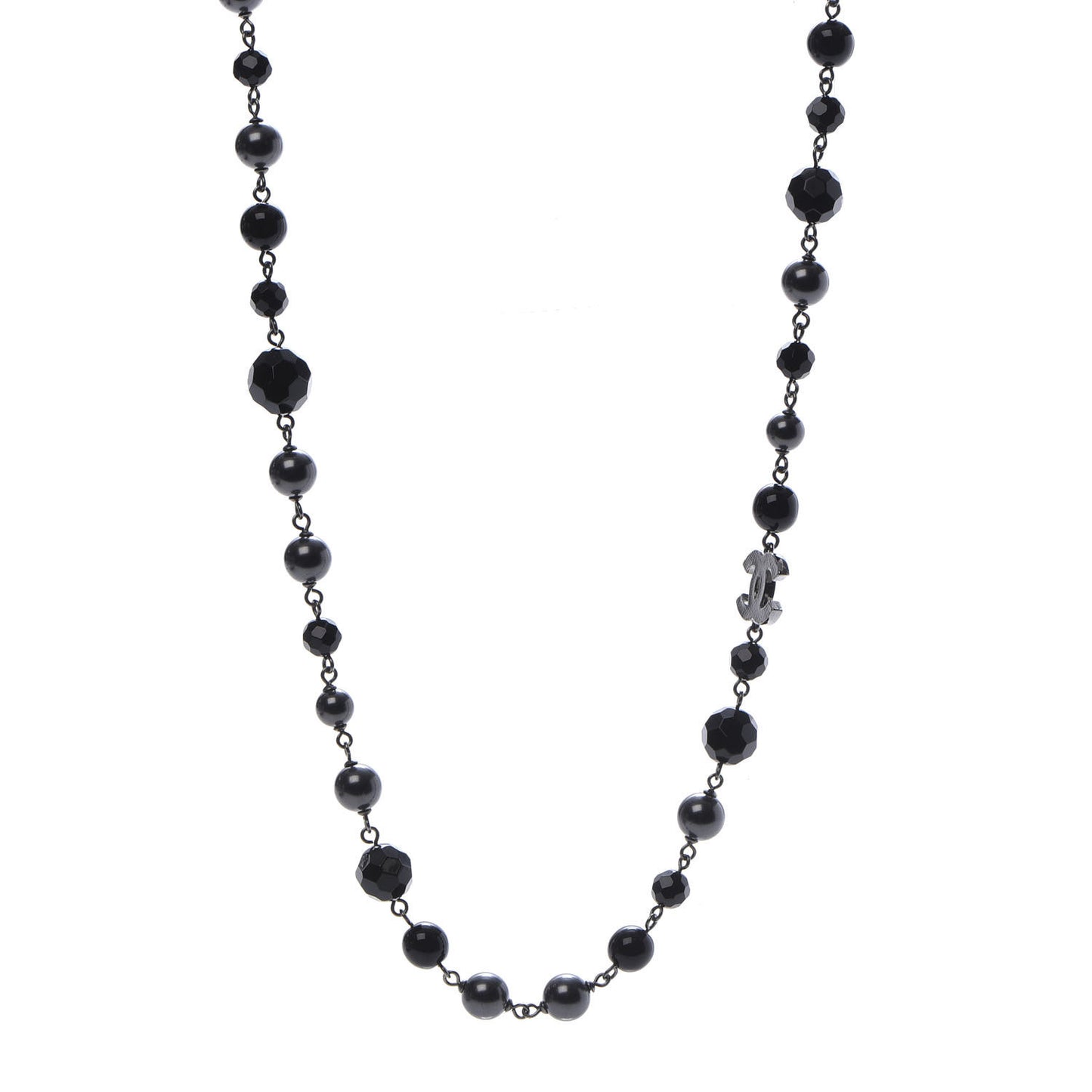 Pearl Beaded CC Long Necklace Silver Black