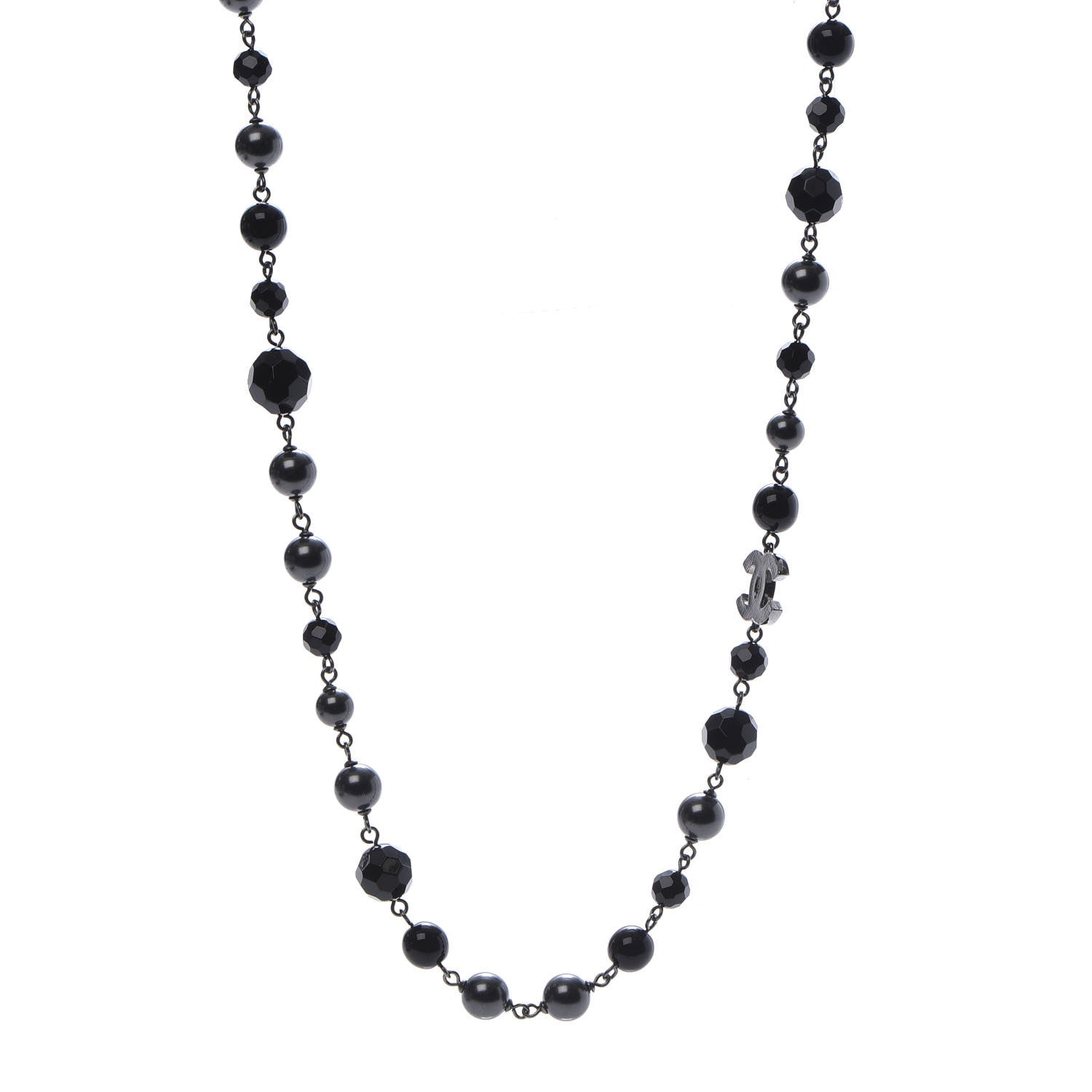 Chanel Pearl Beaded CC Long Necklace Silver Black 1 of 6