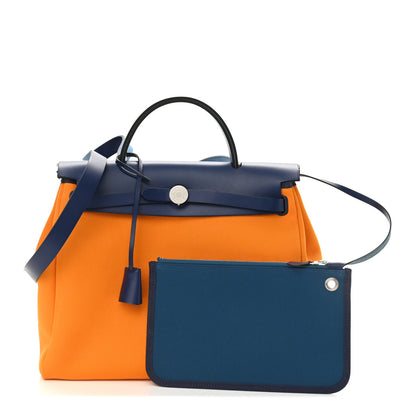 Hermes Military Toile Vache Hunter Verso Herbag Zip Retourne 31 PM Jaune Or Bleu Outremer Bleu Saphir 3 of 13