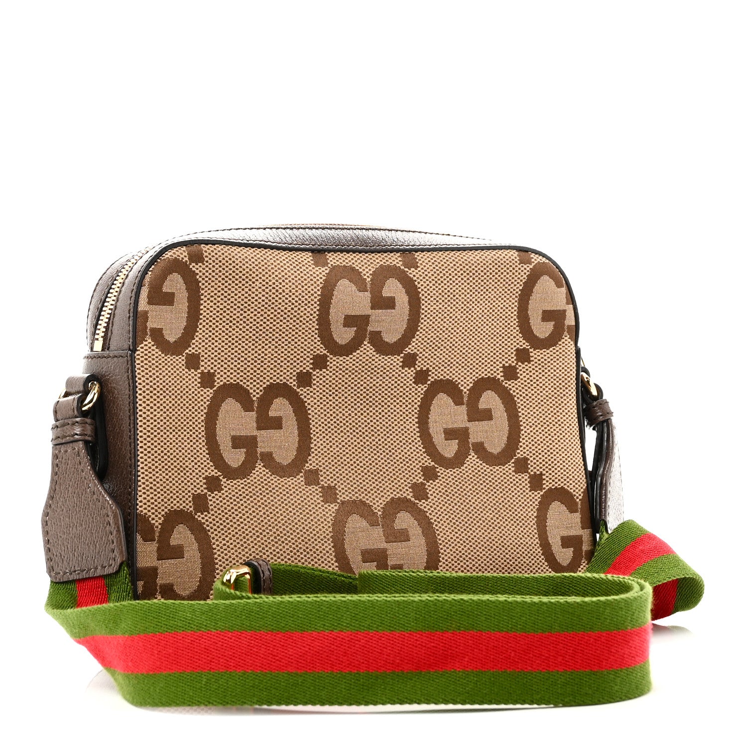 Gucci Monogram Jumbo GG Textured Dollar Calfskin Web Messenger Shoulder Bag Camel Ebony New Acero 3 of 11
