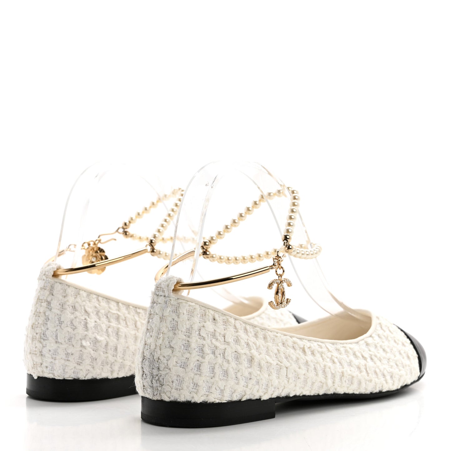 Tweed Lambskin Cap Toe Ankle Chain Ballerina Flats 38 White Black