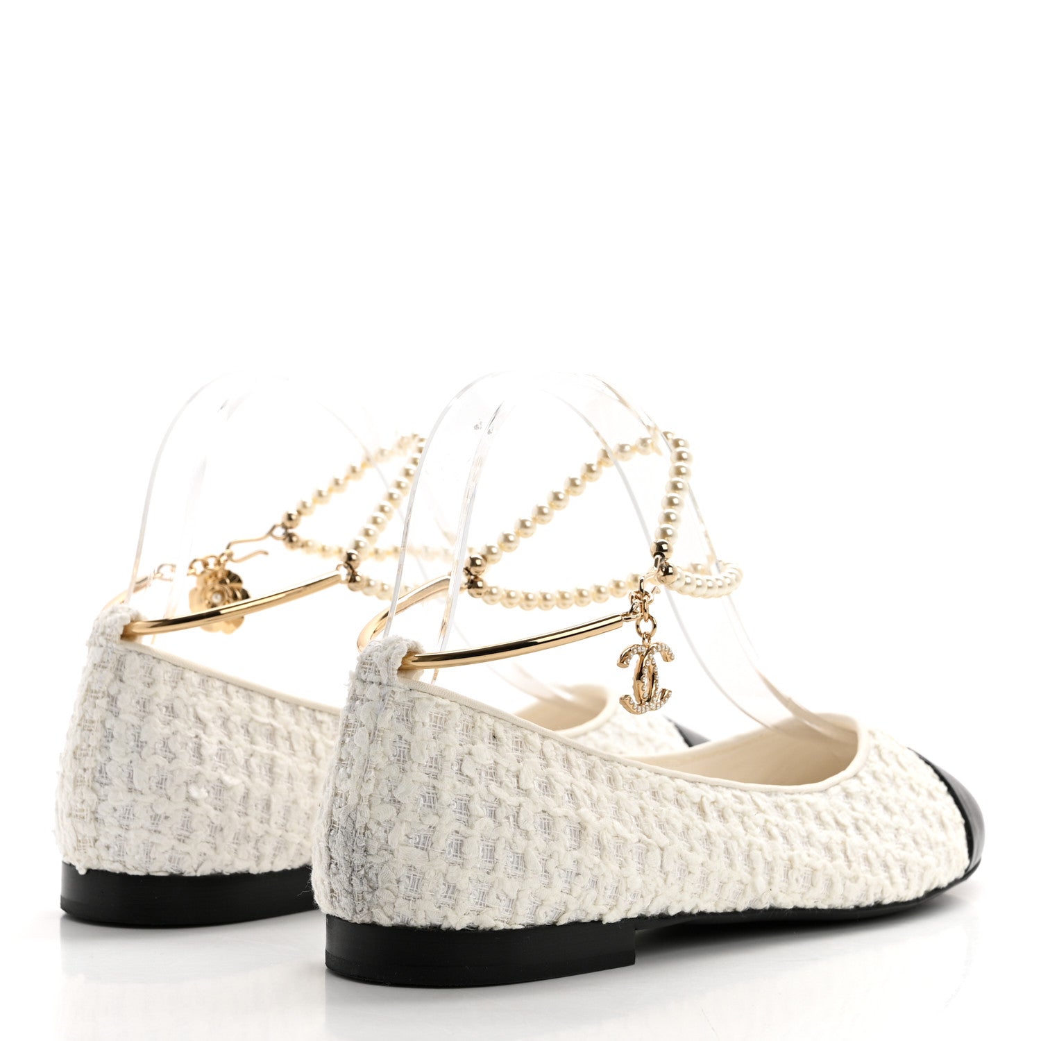 Chanel Tweed Lambskin Cap Toe Ankle Chain Ballerina Flats 38 White Black 4 of 9