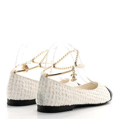 Chanel Tweed Lambskin Cap Toe Ankle Chain Ballerina Flats 38 White Black 4 of 9