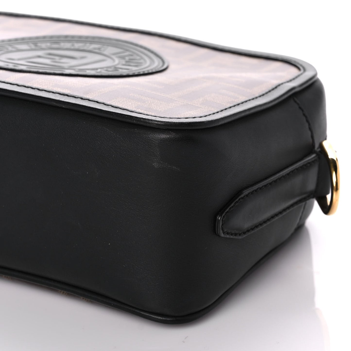 Glazed Fabric Vitello Century F is Fendi FF 1974 Stamp Patch Camera Case Mogano Panna Black