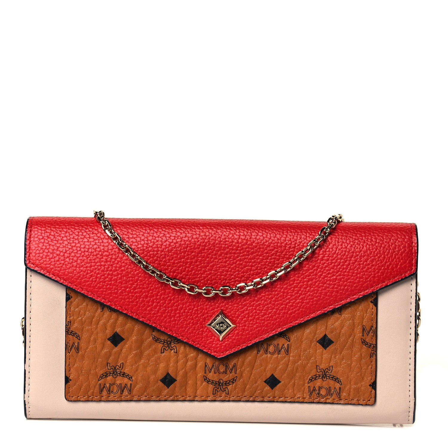 MCM Calfskin Visetos Monogram Love Letter Color Block Wallet On Chain Cognac Red 1 of 7