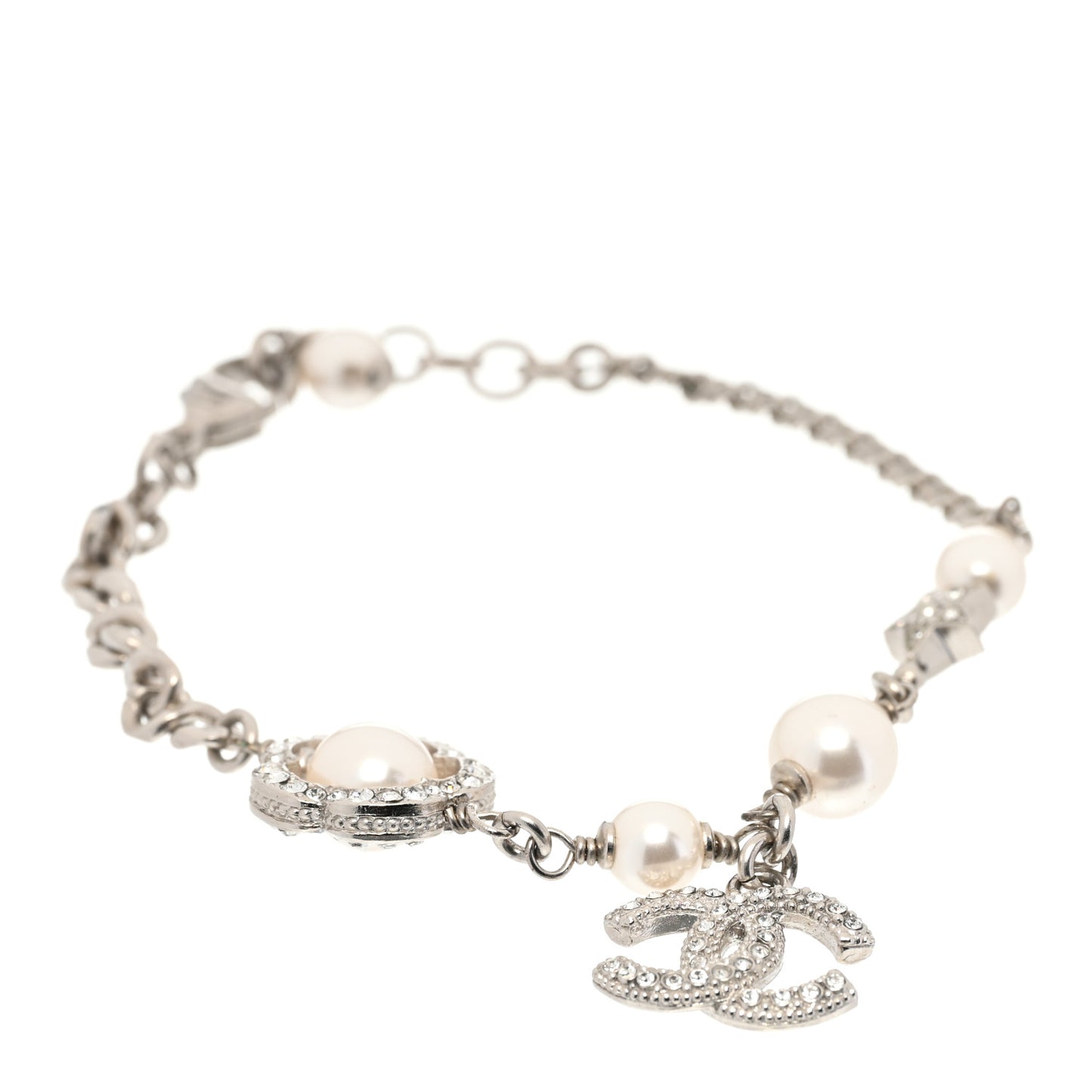 Crystal Pearl Camellia CC Coco Flapper Bracelet Silver