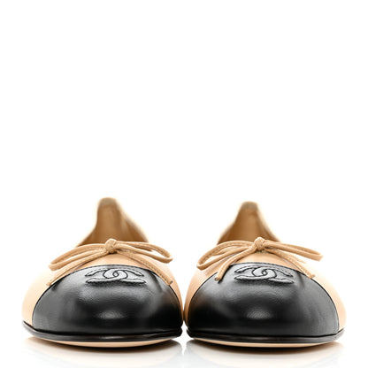 Chanel Lambskin Cap Toe CC Ballerina Flats 38.5 Beige Black 2 of 9