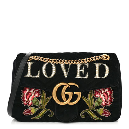 Gucci Velvet Matelasse Loved Embroidered Medium GG Marmont Shoulder Bag Black 1 of 10