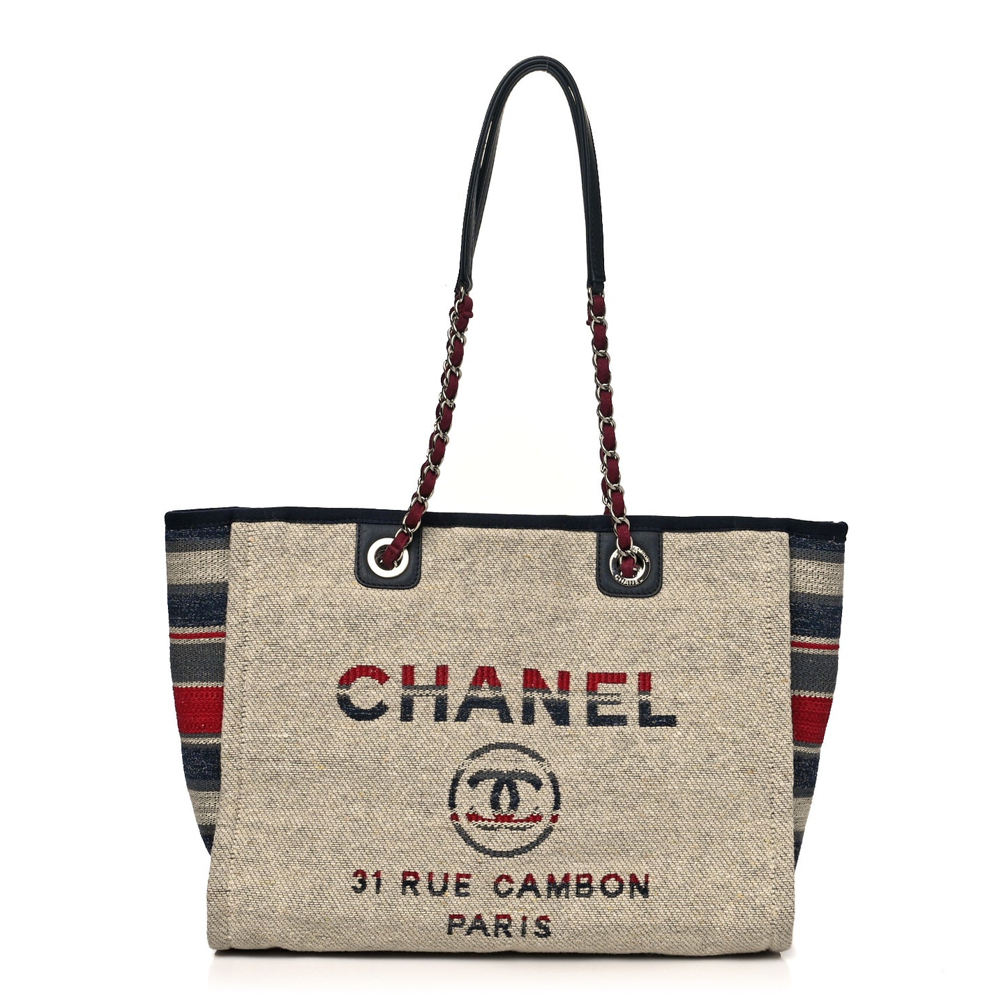 Striped Canvas Small Deauville Tote Beige