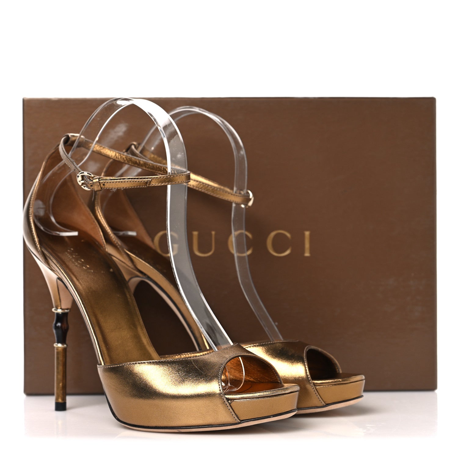 Gucci Metallic Calfskin Open Toe Ankle Strap Pumps 38.5 Oro Rutenio 11 of 11