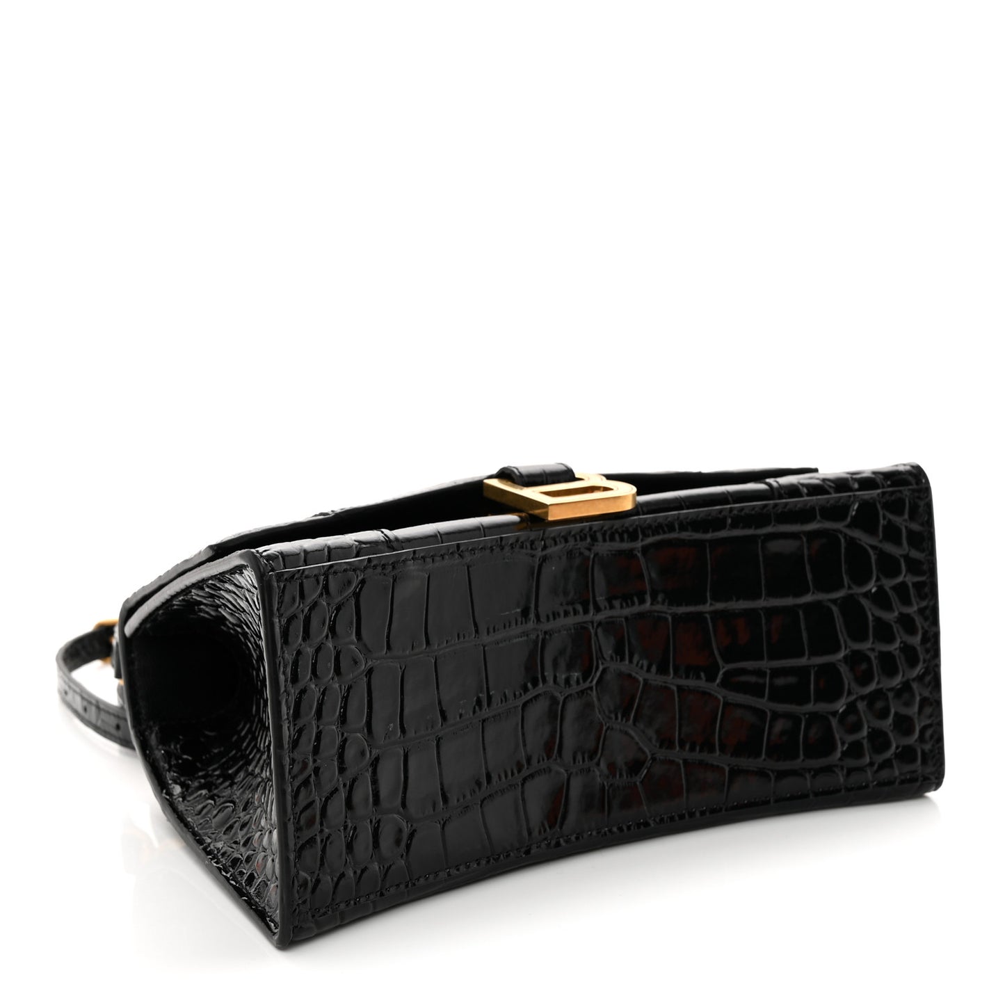 Shiny Calfskin Crocodile Embossed Small Hourglass Top Handle Bag  Black