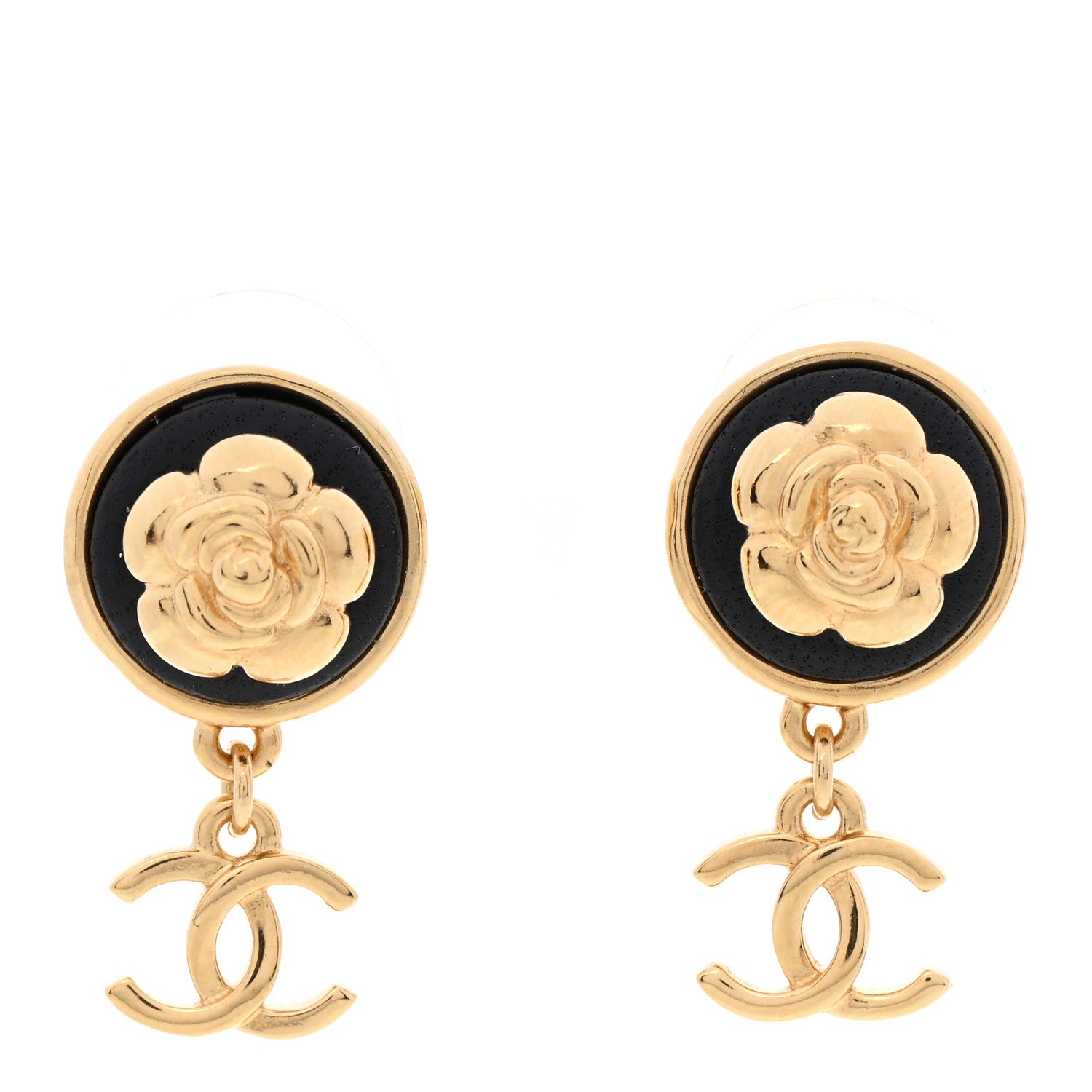 Chanel Metal Lambskin Camellia CC Drop Earrings Gold Black 1 of 5