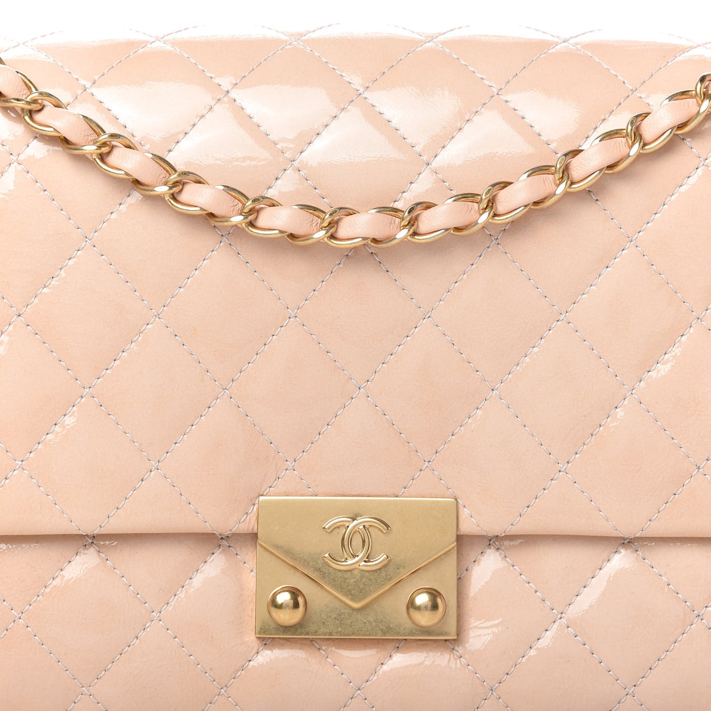 Patent Goatskin Quilted 3 Pocket Accordion Flap Beige