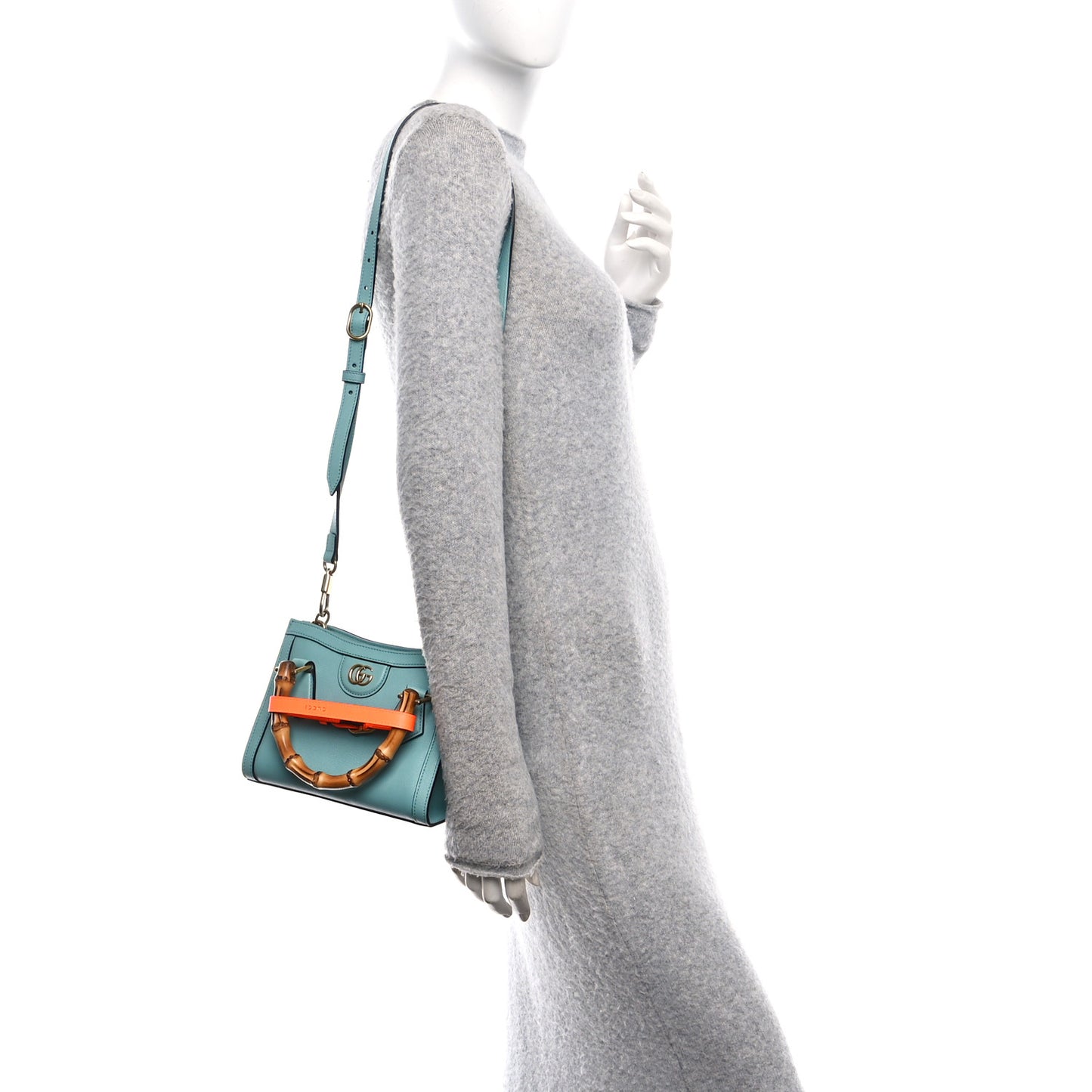 Textured Dollar Calfskin Web Mini Diana Tote Bag Dusty Azure Deep Orange