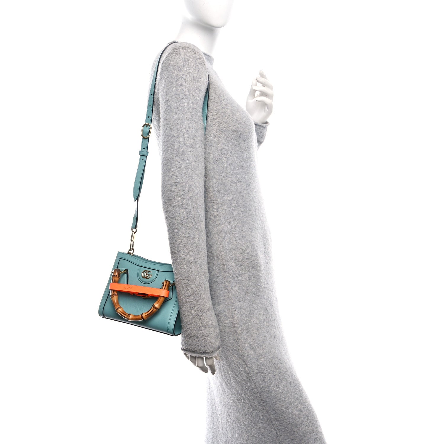 Gucci Textured Dollar Calfskin Web Mini Diana Tote Bag Dusty Azure Deep Orange 2 of 10