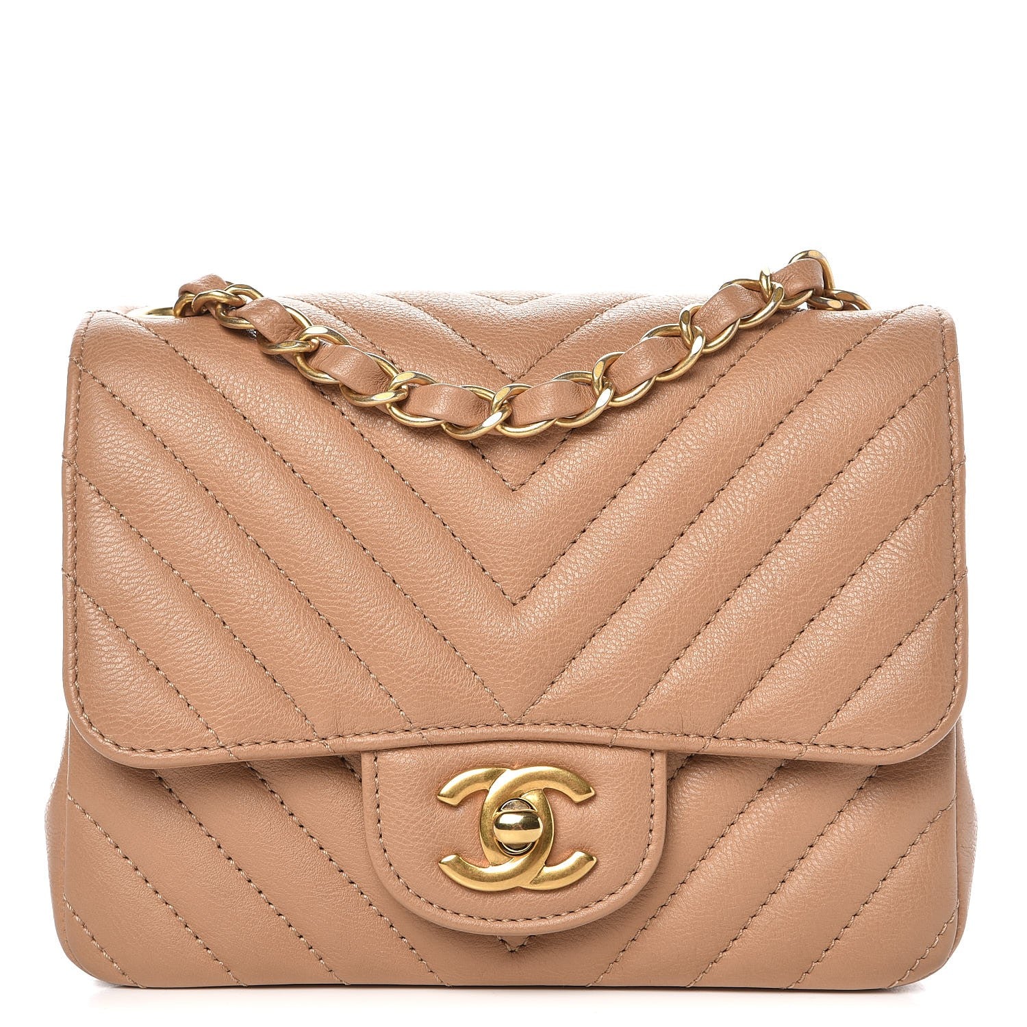 Chanel Calfskin Chevron Quilted Mini Square Flap Dark Beige 1 of 9