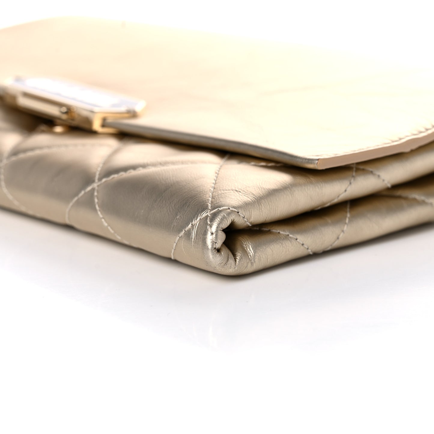 Metallalized Calfskin Quilted Retro Label Clutch Light Gold
