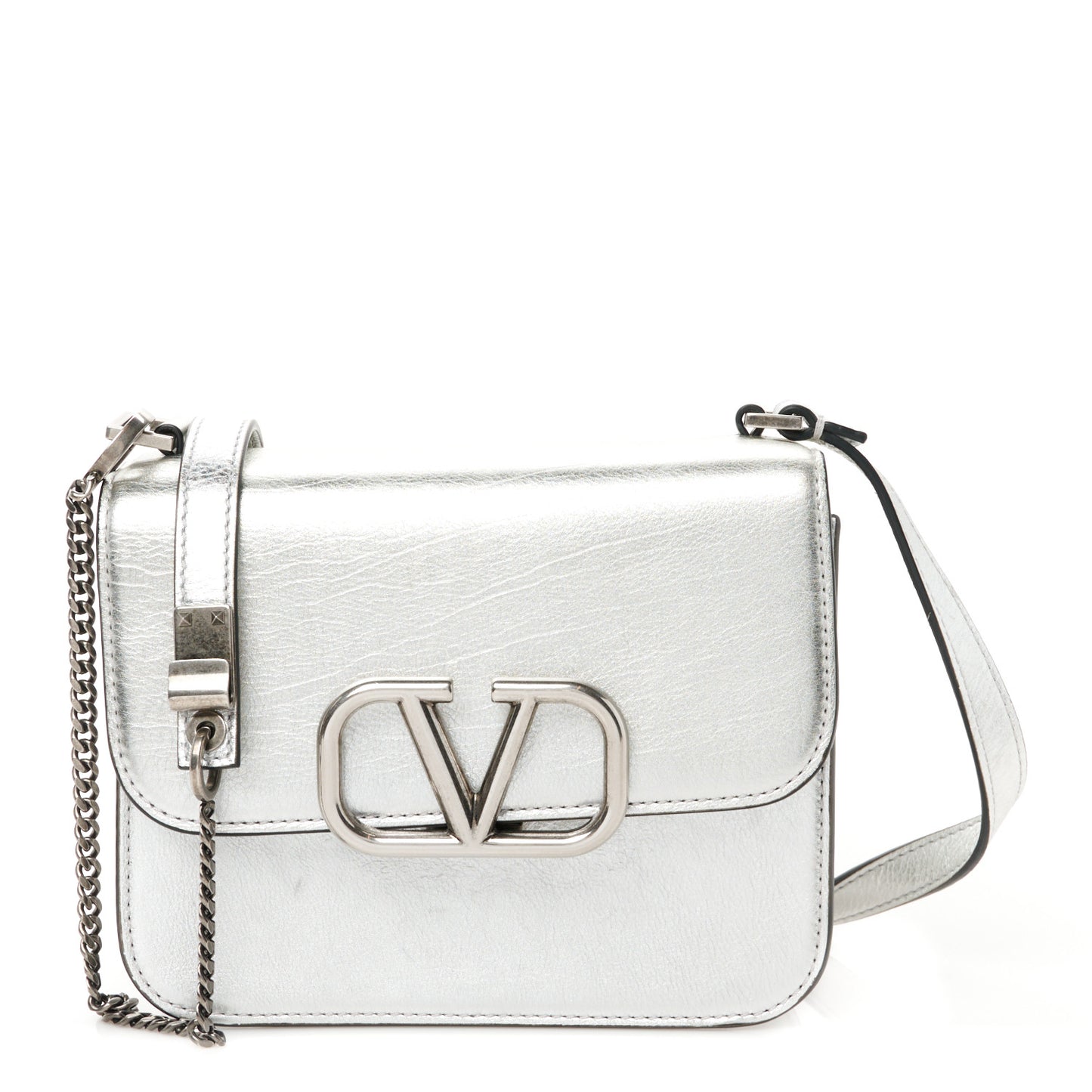 Metallic Calfskin Small VSling Shoulder Bag Silver