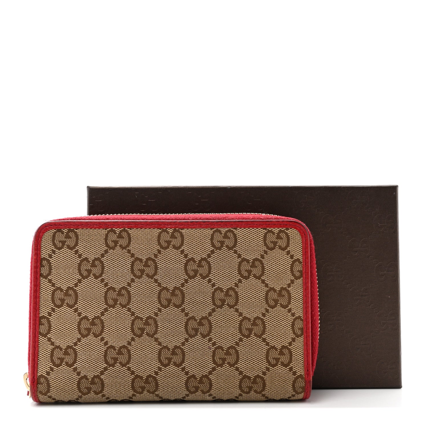 Gucci Monogram Dollar Calfskin Zip Around Compact Wallet Beige Ebony Rosso 14 of 14