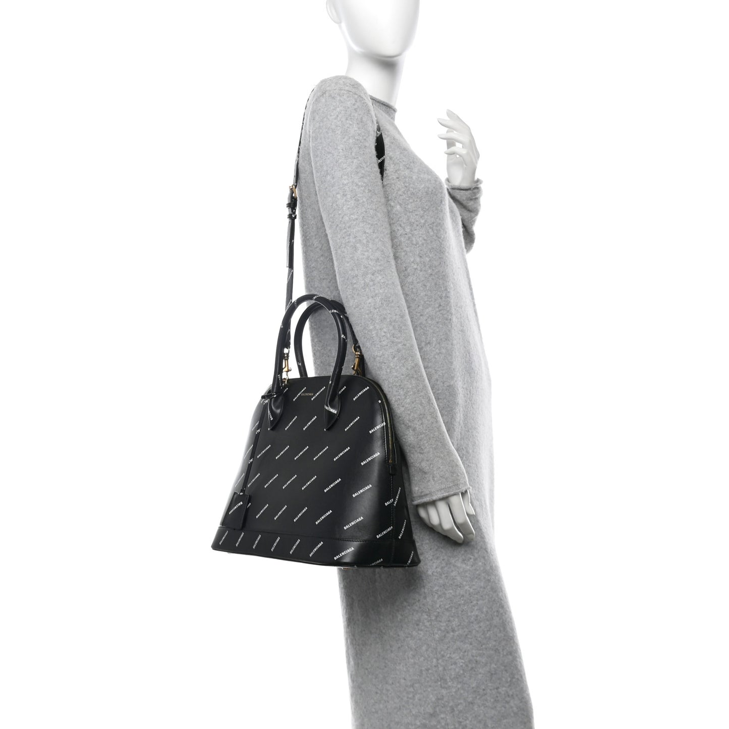 Calfskin Allover Logo M Ville Top Handle Bag Black