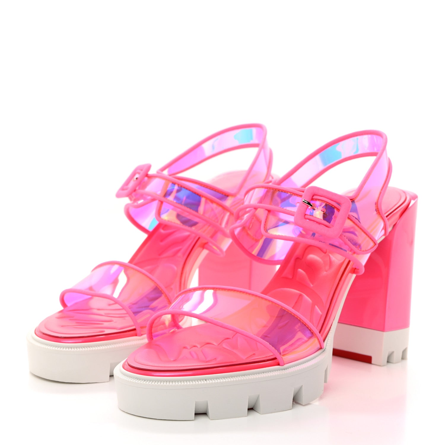 Christian Louboutin PVC Loubi Duniss 100 Lug Sole Sandals 38 Fluo Pink 3 of 9