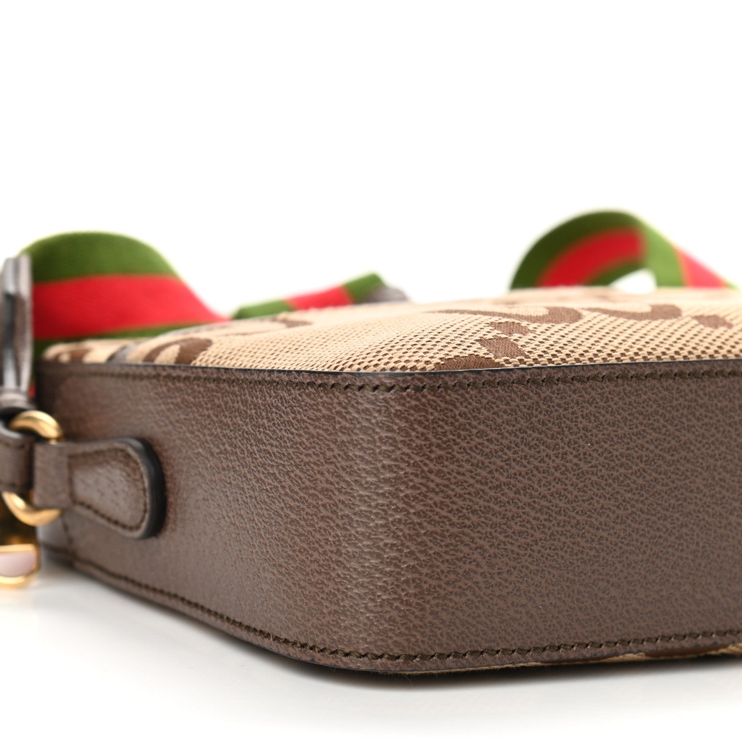 Gucci Monogram Jumbo GG Textured Dollar Calfskin Web Messenger Shoulder Bag Camel Ebony New Acero 9 of 10