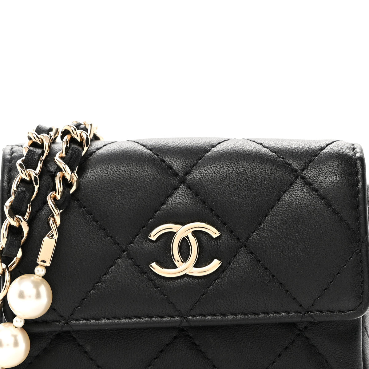 Lambskin Quilted Pearl Chain Belt Bag Black