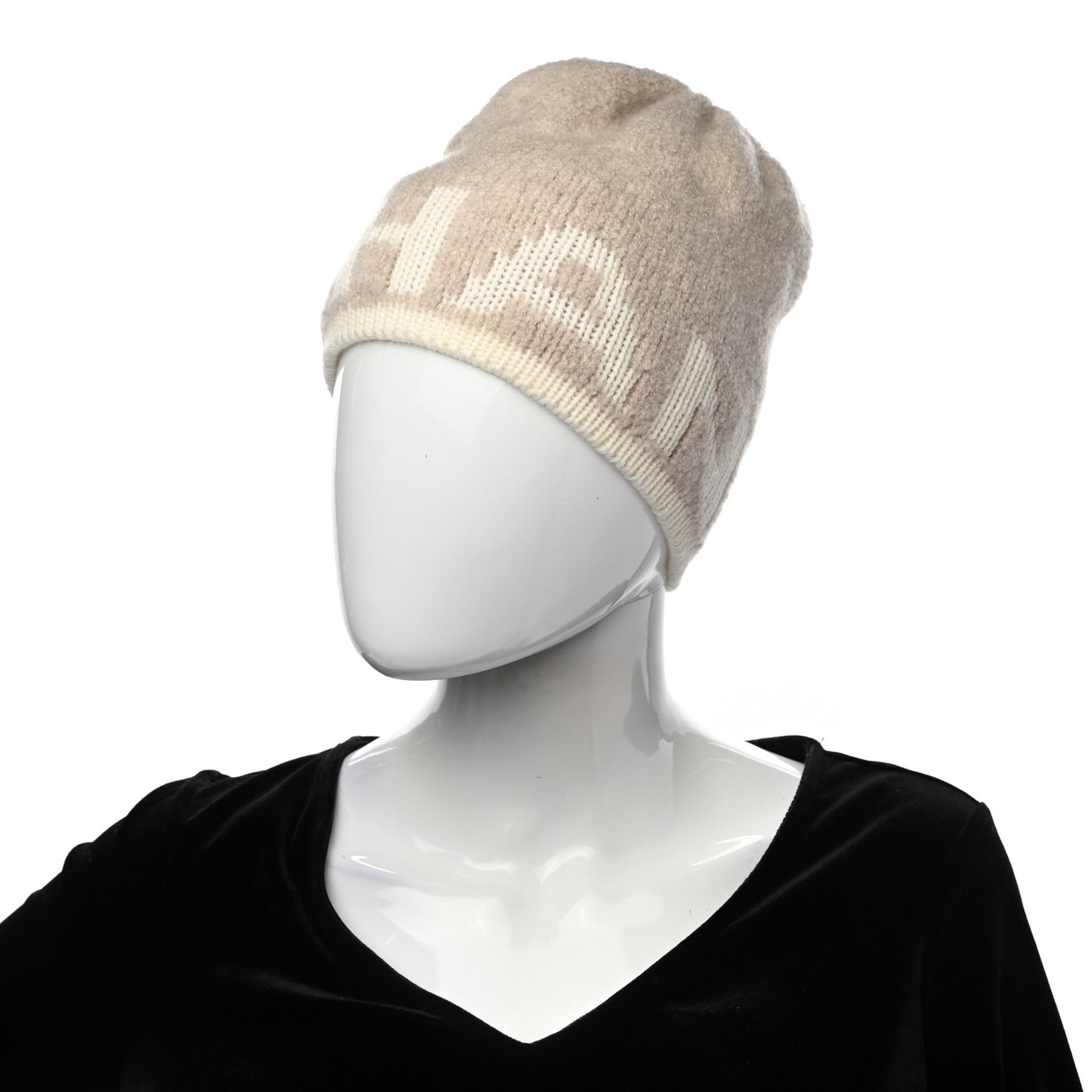 Cashmere Wool Silk Logo Beanie Hat Beige White