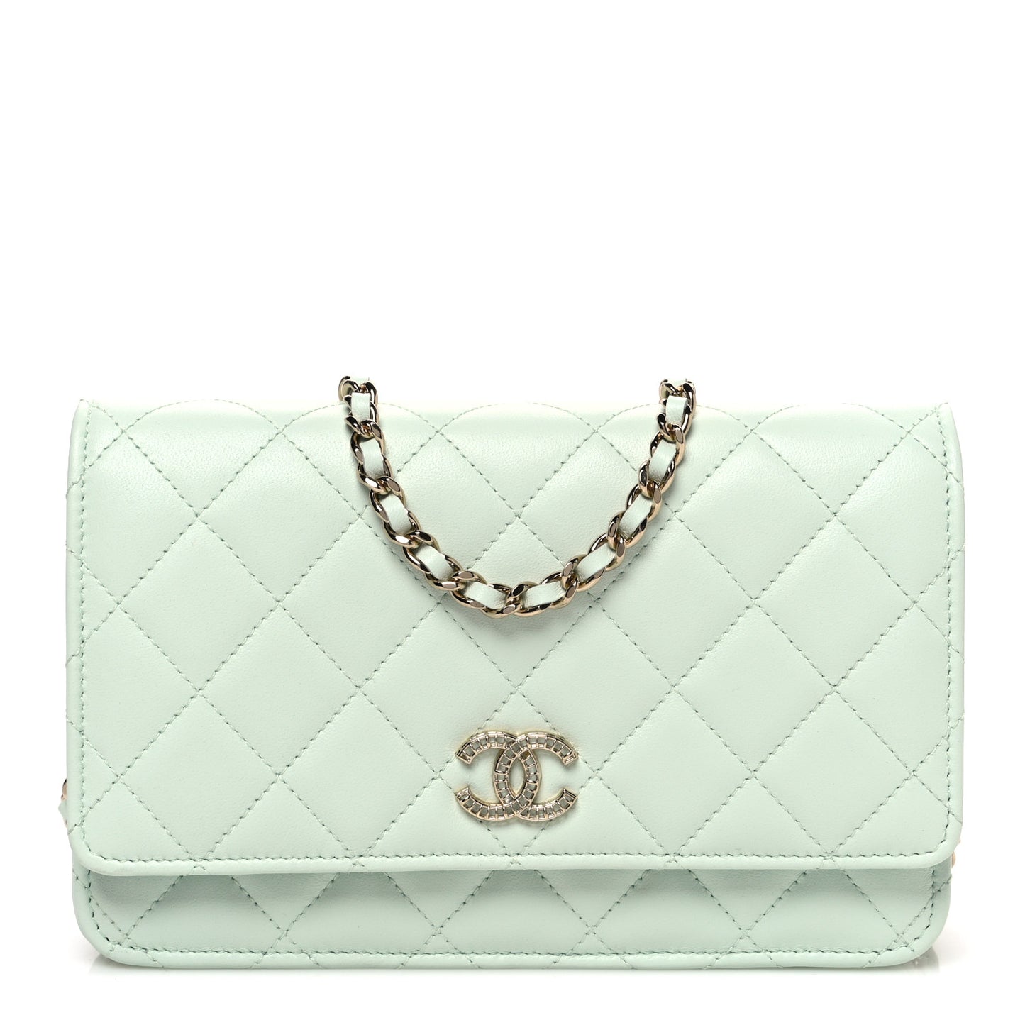 Lambskin Quilted Textured CC Wallet On Chain WOC Light Green